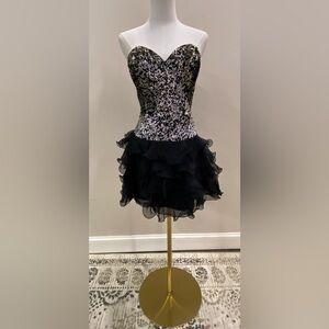Sherri Hill Black and Silver Sequin Ruffle Mini Dress